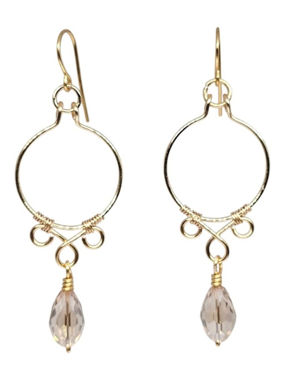 Handmade Champagne Teardrop Crystals Gold Hoop Dangle Boho Earrings